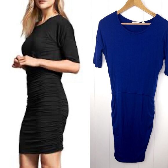 Athleta Wool Blend Solstice Short Sleeve Ruched‎ Tee Midi Dress Cobalt Blue XS - Picture 1 of 10